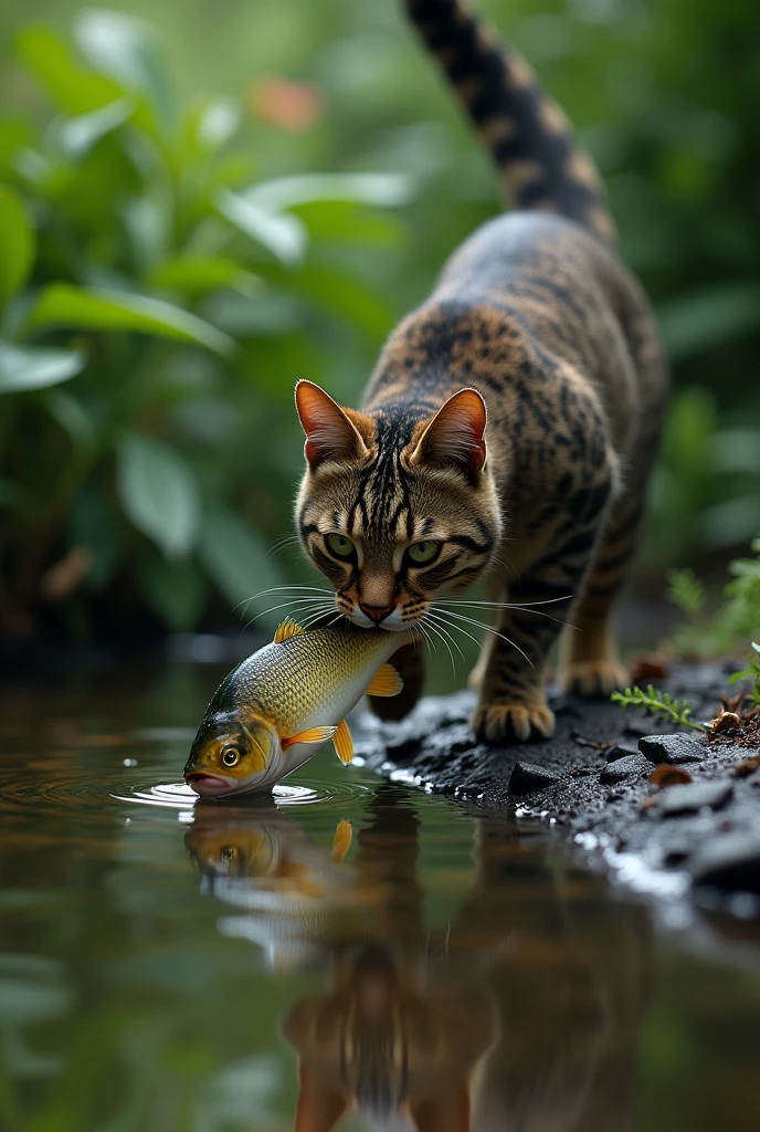 (photorealism:1.2), a solo cat catching fish on mouth