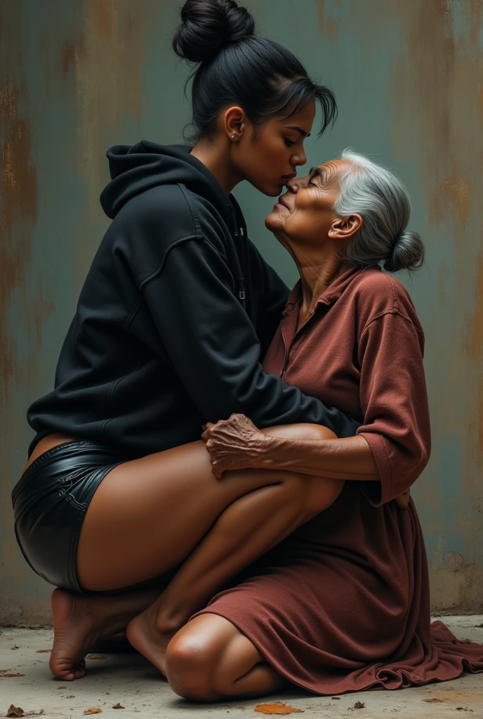 black woman hair in a bun black hoodie black leather short shorts a old grandma in a dress on her knees kissing her ass behind her
sliding hands down legs