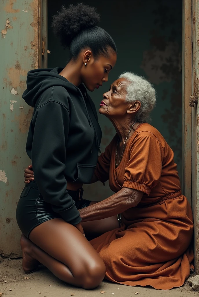 black woman hair in a bun black hoodie black leather short shorts a old grandma in a dress on her knees kissing her ass behind her
sliding hands down legs