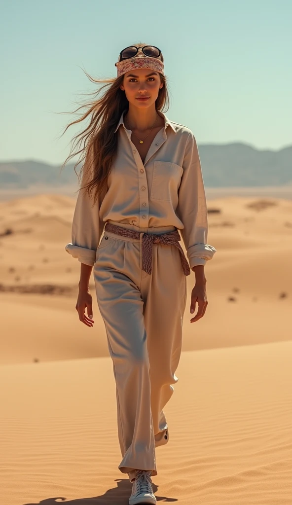 ((best quality)), ((artwork)), ((realistic)), ((best quality)), ((artwork)), ((realistic)), Girl walking in the desert, looking tired, wear loose clothing Long-sleeved shirts and pants, headgear, sunglasses, very cute, in a natural and casual style at eye level, scenic, work of art, (high resolution), original, extremely detailed 8K, (photorealistic: 1.4), flawless face, perfect eyes, symmetrical body shape, smile, 