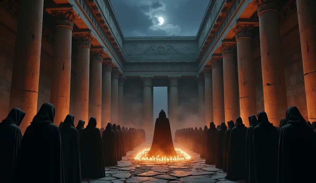 8k、(number々の賞を受賞したmasterpiece、Incredible detail、Texture、Maximum details), (summoning magic),(Temple of Apollo at night (Temple of Apollo) - Greece), (dark ritual),(dark organization)arafed image of a group of people in a church with candles,lit candle, dark cinematic concept art, elegant cinematic fantasy art, photorealistic dark concept art, by Beeple, dark robes, wojtek fus, gothic epic library concept, gothic epic library, epic cinematic concept art, dark concept art, Beeple and mike winkelmann, symmetrical epic fantasy art, High resolution, masterpiece, Highest quality, Intricate details, Very detailed, Clear focus, practical skin texture, texture, Shot with Canon, 85mm, Shallow and deep, Kodak Vision Color, Exactly, Very detailed, photograph_\(Extremist\), photographpractical, practical, Post-processing, Maximum details, Roughness, Real Life, Extremist practical, Photorealism, photographgraphy, 8K Ultra HD, photographgraphy