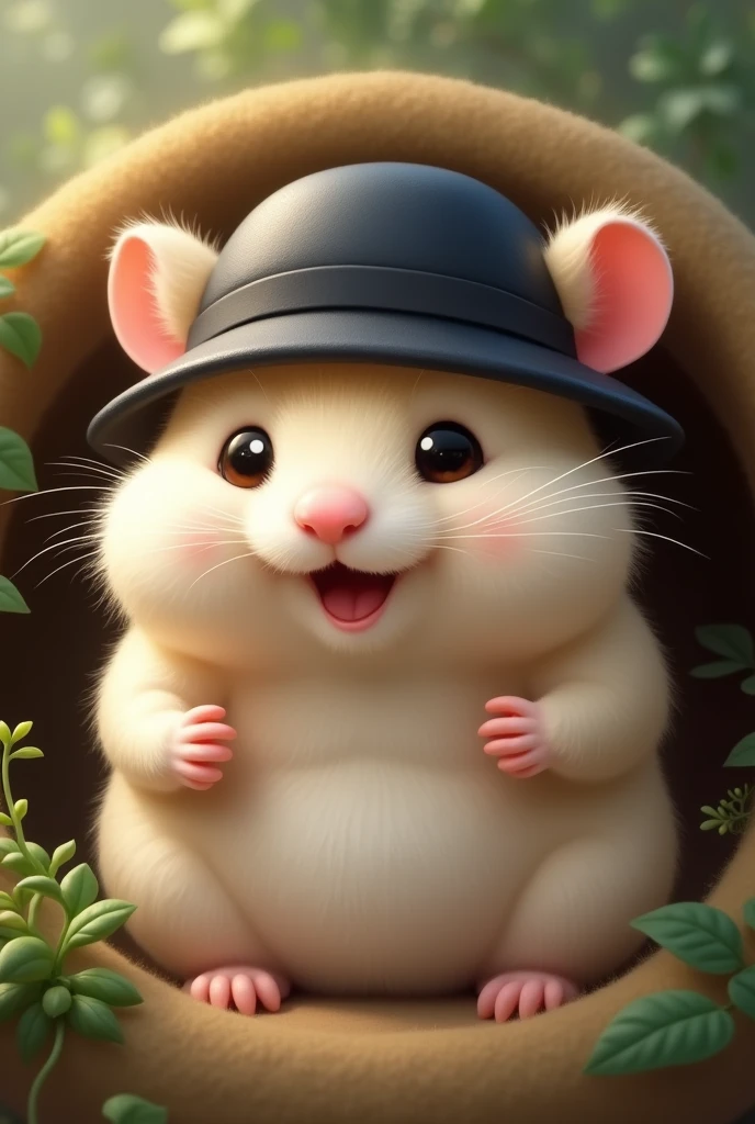 create a hamster with cute hamster cheeks and a black head cap 