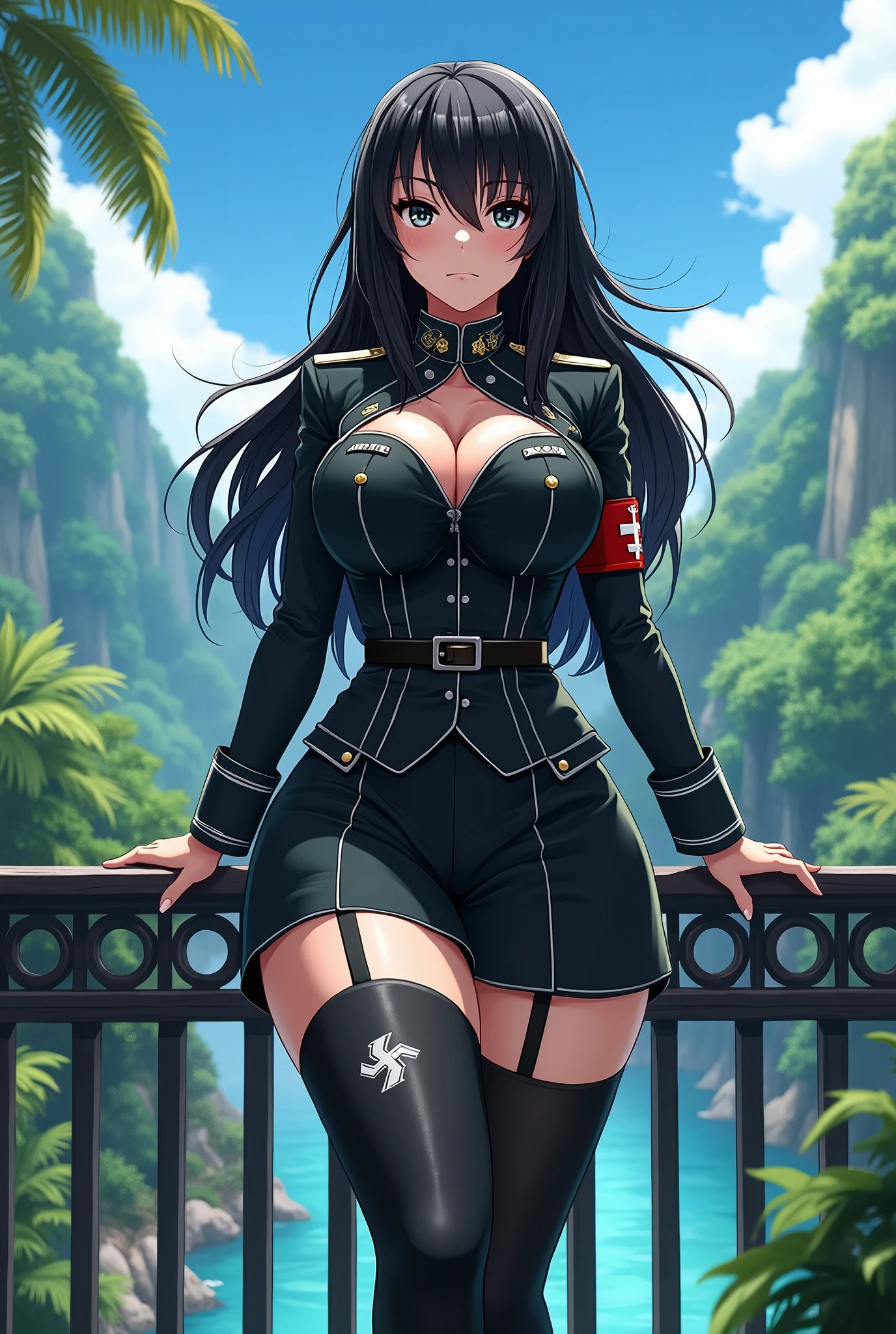 Extremely detailed, very sharp, best quality, female, thick-thighed, big-breasted anime girl with black hair, wearing a Waffen SS uniform and standing on a balcony with tropical scenery in the background.