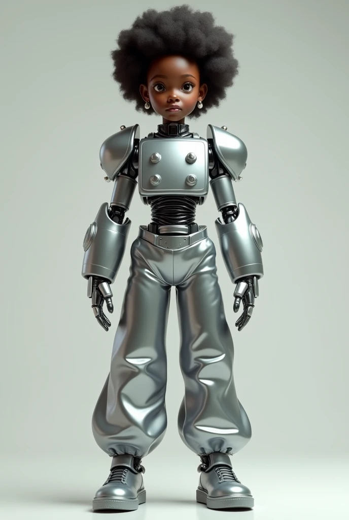 Afroamerican human girl dressed in a classic robot costume, i.e. wide baggy oversized pants and exaggeratedly large wide arms and silver Full body with big and silver robot shoes Standing And with metallic robot gloves And the chest completely covered and Square like a robot With buttons on the chest