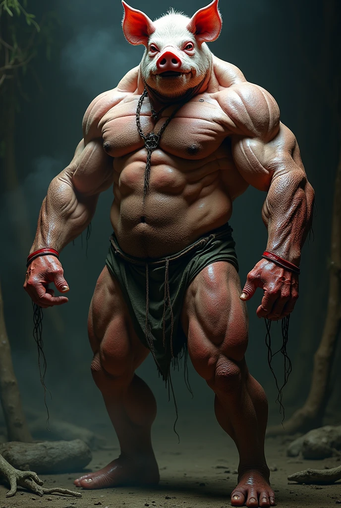 Create a fearsome, fully muscles fusion of pig and Man hybrid with hyper-realistic, rugged skin and scales, against a dark, intense background for a truly shocking effect."