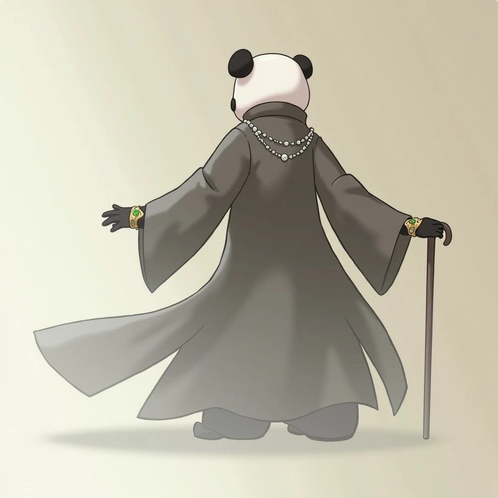 (masterpiece, top quality, best quality, official art,beautiful and aesthetic:1.2),(4k,8k, best quality,masterpiece:1.2),(((white background))), solo,Game character, the panda person, a game character inspired by pandas, wearing a black and white robe, adorned with a jade bead necklace and bracelet, viewed from multiple angles including back view and side view, holding a cane. The structure is clear and accurate, with a modern realistic representation and consistent lighting that looks natural and believable.