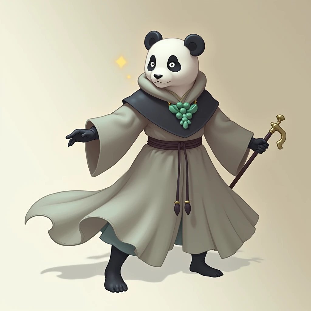 (masterpiece, top quality, best quality, official art,beautiful and aesthetic:1.2),(4k,8k, best quality,masterpiece:1.2),(((white background))), solo,Game character, the panda person, a game character inspired by pandas, wearing a black and white robe, adorned with a jade bead necklace and bracelet, viewed from multiple angles including back view and side view, holding a cane. The structure is clear and accurate, with a modern realistic representation and consistent lighting that looks natural and believable.