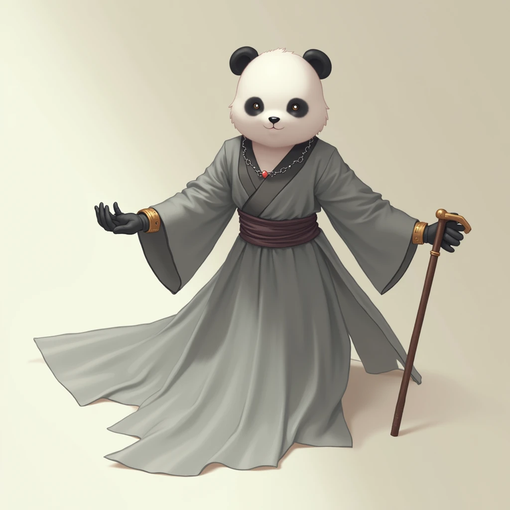 (masterpiece, top quality, best quality, official art,beautiful and aesthetic:1.2),(4k,8k, best quality,masterpiece:1.2),(((white background))), solo,Game character, the panda person, a game character inspired by pandas, wearing a black and white robe, adorned with a jade bead necklace and bracelet, viewed from multiple angles including back view and side view, holding a cane. The structure is clear and accurate, with a modern realistic representation and consistent lighting that looks natural and believable.