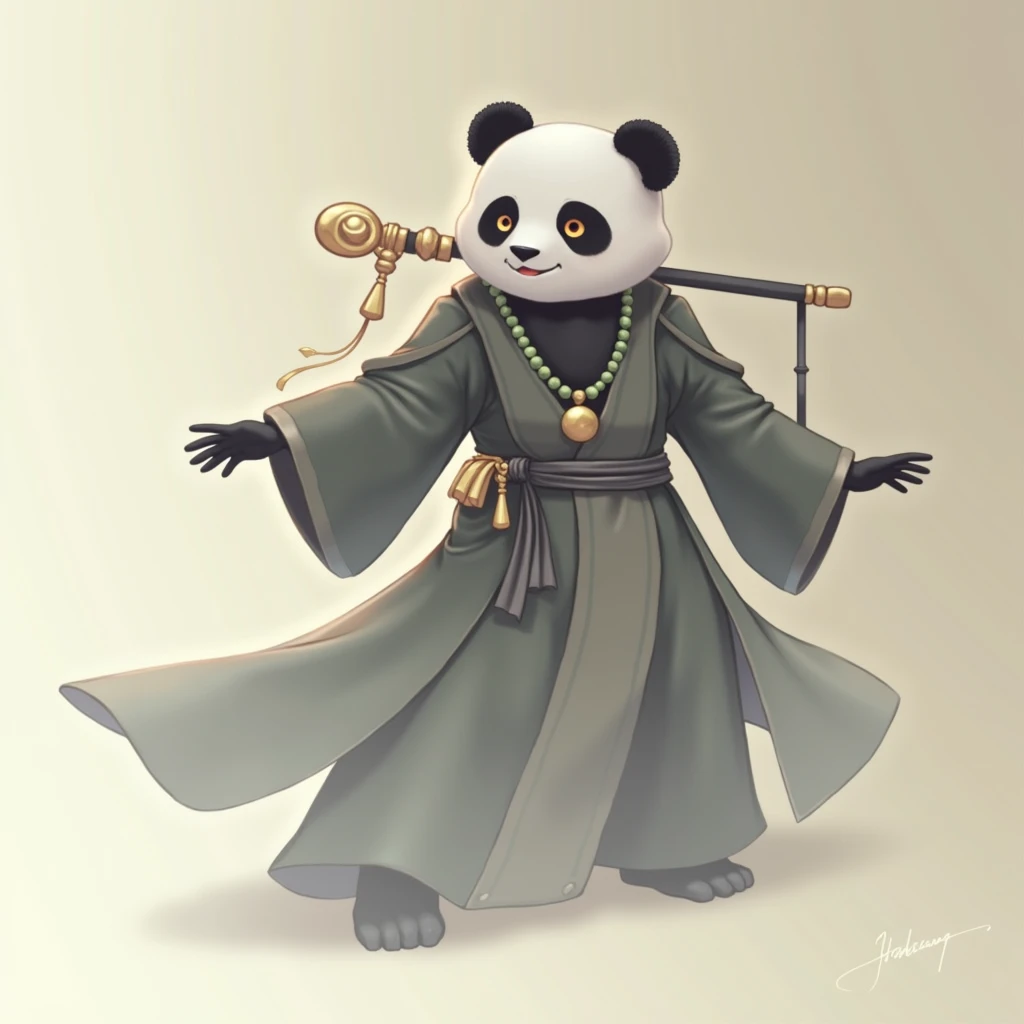 (masterpiece, top quality, best quality, official art,beautiful and aesthetic:1.2),(4k,8k, best quality,masterpiece:1.2),(((white background))), solo,Game character, the panda person, a game character inspired by pandas, wearing a black and white robe, adorned with a jade bead necklace and bracelet, viewed from multiple angles including back view and side view, holding a cane. The structure is clear and accurate, with a modern realistic representation and consistent lighting that looks natural and believable.