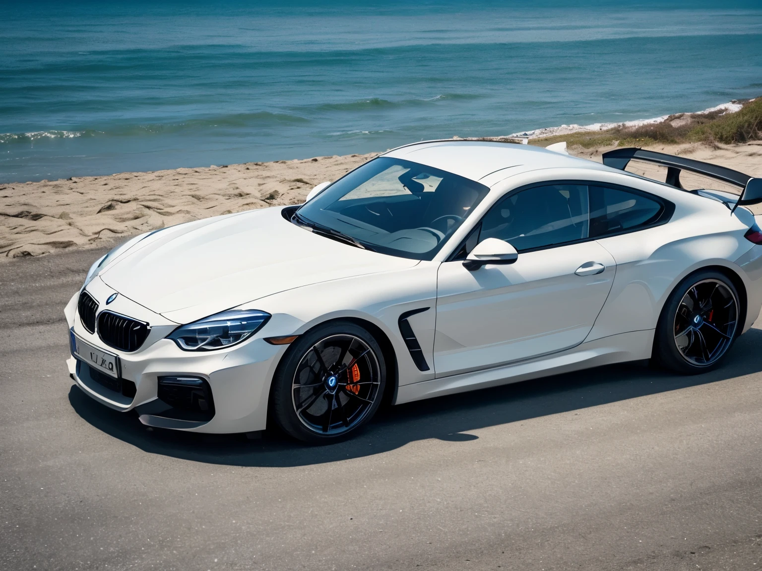 Masterpiece, top quality, high quality, high detailed, Super car, coupe car, (by bmw, by porsche), white color, black wheels color, big black spoiler, (parking on beach parking lot, beach background, daytime, no one, smooth)
