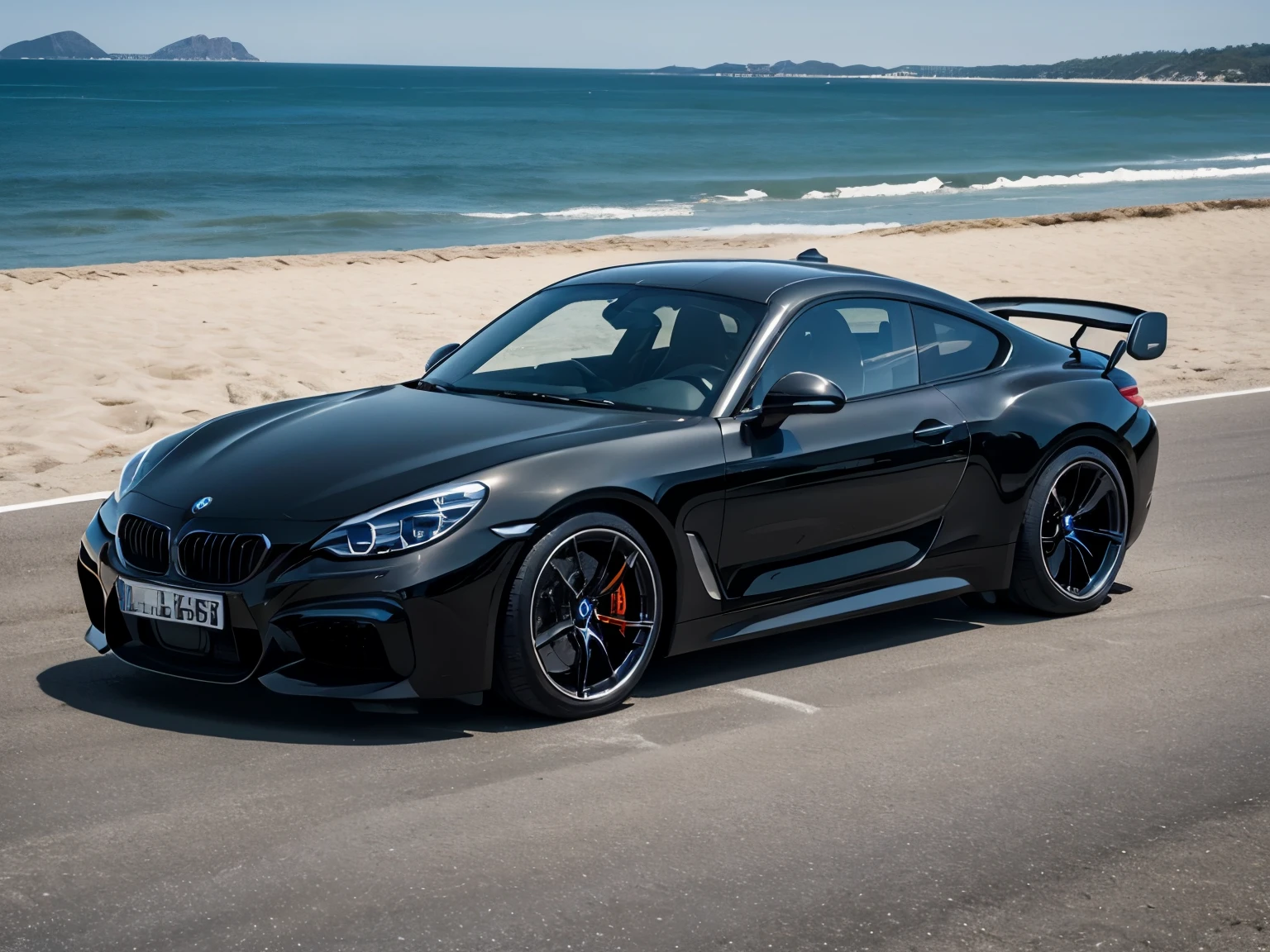 Masterpiece, top quality, high quality, high detailed, Super car, coupe car, (by bmw, by porsche), white color, black wheels color, big black spoiler, (parking on beach parking lot, beach background, daytime, no one, smooth)