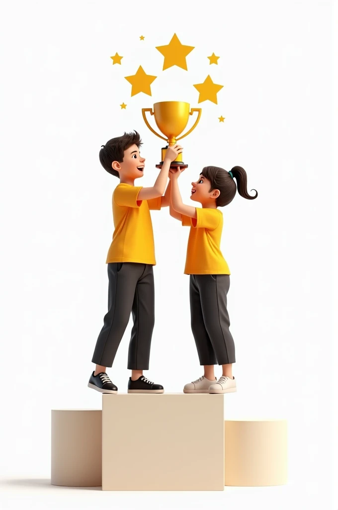 Boy and girl on a podium holding a sports cup dressed in a yellow shirt and long black pants with a white background and five golden stars