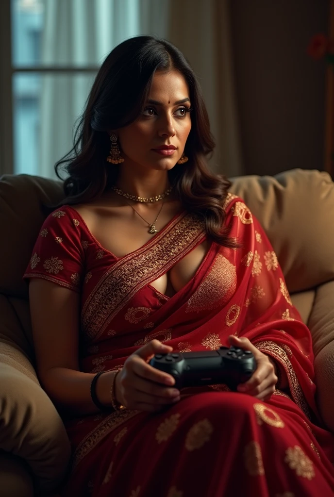 Indian milf playing video game on controller with big boobs and deep cleavage in saree