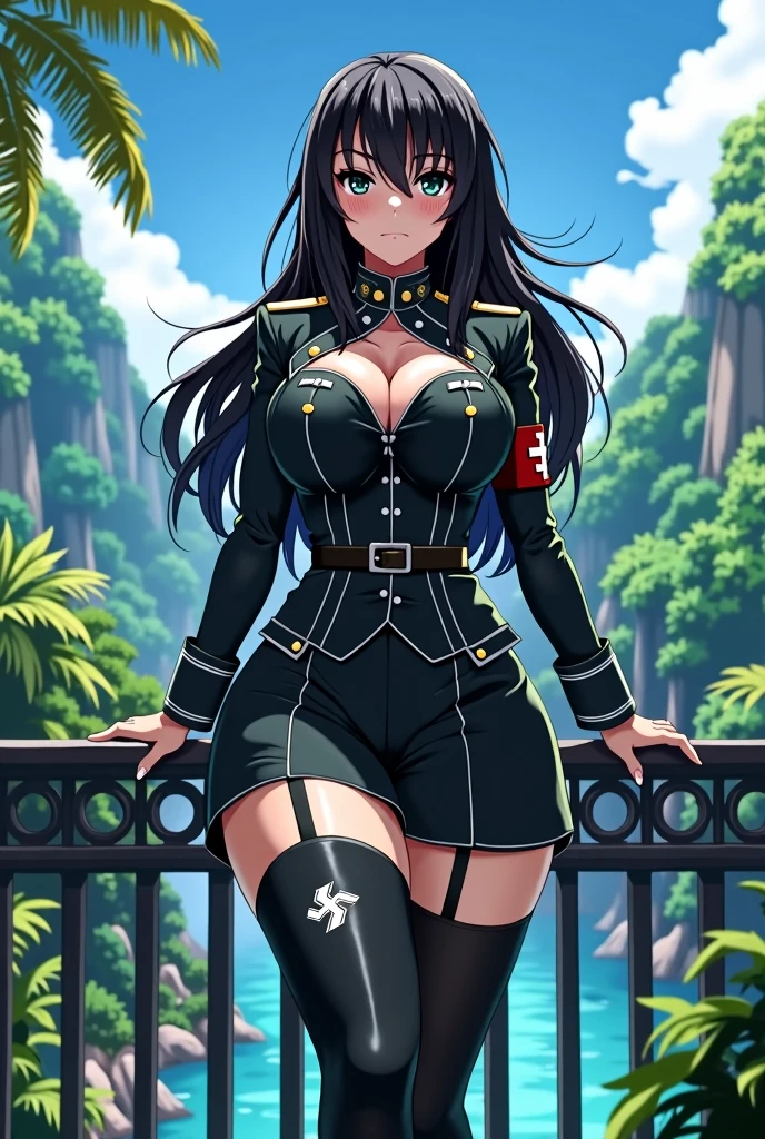 Extremely detailed, very sharp, best quality, female, thick thighs, massive boobs, lewd anime girl, black hair, wearing a Waffen SS uniform and standing on a balcony, tropical scenery.