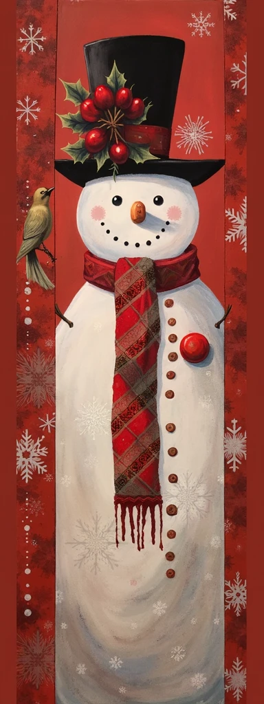 This image features a tall, slender snowman adorned with a black top hat and a red scarf with intricate patterns. The snowman has a friendly face with two coal eyes, a carrot nose, and a smiling mouth made of coal. The body has buttons arranged vertically down the center. The background is red with subtle snowflake patterns and textures, giving it a festive look. To the left side of the snowman, there is a small bird perched on holly branches with berries. The overall atmosphere is cheerful and embodies the spirit of winter or Christmas holidays.