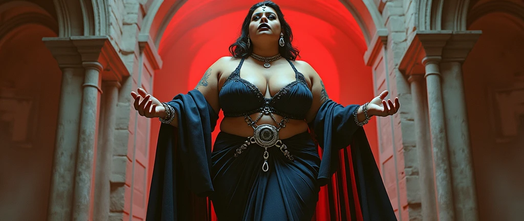 Majestic atmosphere,indian astrology,Looks like Aparna Dixit, full body Closeup shot, Big chubby aunty, milf, cougar lady witch, horny Gothic milf, 50 years old gorgeous mature lady, pervert demoness, demoness of lust, curvy, black lips, horny face, extremely gorgeous, thick figure, heavy physique, voluptuous, curvy, sexy figure, Fashionable portrait of androgynous alien looking witch wearing veil, glowing eyes, futuristic design, minimal details, givenchy, photoreal, 200mm, hd, f/ 2.0, highly detailed, surreal, sexy beautiful evil woman, sexy bold sequin Saree with strapless Bra, chudail, Pishachini, horror genre, blood-thirsty enchantress, powerful female spirit, eerie, drop dead, in the style of red and blue, (intricate details, hyperdetailed:1.15) (skin texture:1.2), dark Moody tone, cinematic lighting, haunted place in background, Fortune telling hall