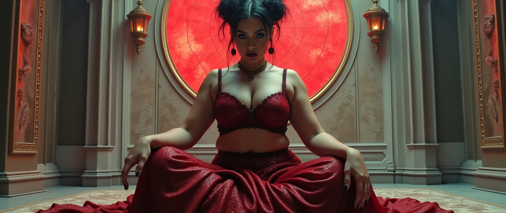 Majestic atmosphere,indian astrology,Looks like Aparna Dixit, full body Closeup shot, Big chubby aunty, milf, cougar lady witch, horny Gothic milf, 50 years old gorgeous mature lady, pervert demoness, demoness of lust, curvy, black lips, horny face, extremely gorgeous, thick figure, heavy physique, voluptuous, curvy, sexy figure, Fashionable portrait of androgynous alien looking witch wearing veil, glowing eyes, futuristic design, minimal details, givenchy, photoreal, 200mm, hd, f/ 2.0, highly detailed, surreal, sexy beautiful evil woman, sexy bold sequin Saree with strapless Bra, chudail, Pishachini, horror genre, blood-thirsty enchantress, powerful female spirit, eerie, drop dead, in the style of red and blue, (intricate details, hyperdetailed:1.15) (skin texture:1.2), dark Moody tone, cinematic lighting, haunted place in background, Fortune telling hall