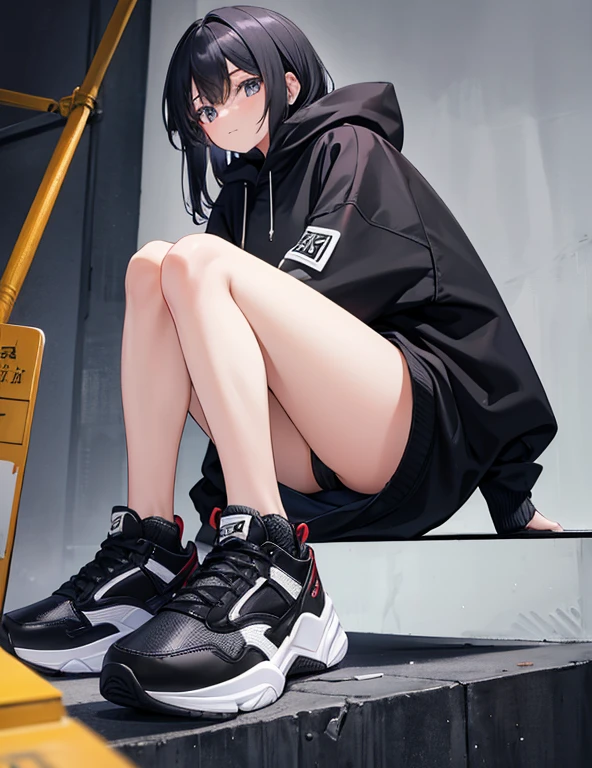 18-year-old female,Black hoodie,Het Fong,Black and white sneakers,Are standing,Erotic,Expose