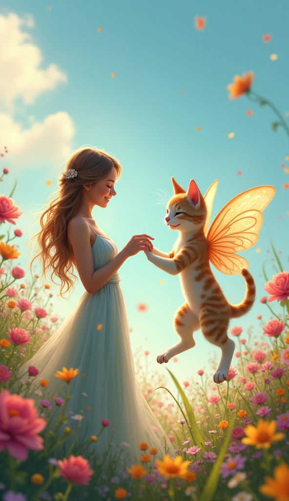 A scene of a beautiful girl touching a cat&#39;foot、Beautiful flower garden、Dancing Cat Fairy、morning、Sky Blue, laugh, Queen and the Cat Fairy