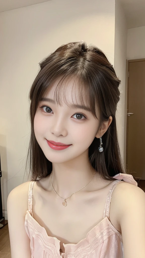 a close up of a woman wearing a pink top and a necklace, gorgeous young korean woman, attractive neck, beautiful young korean woman, beautiful south korean woman, good young girl, lovely delicate face, lovely woman, warm and gentle smile, a cute young woman, friendly seductive smile, a beautiful young woman, cute korean actress, young adorable korean face, slight cute smile