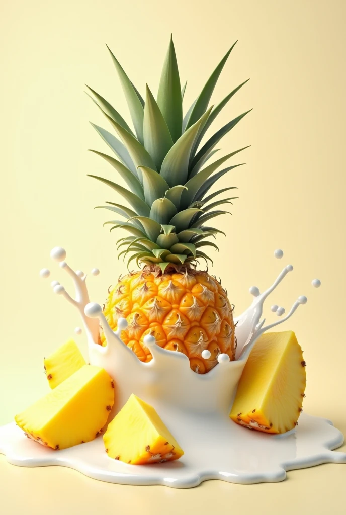 milk yogurt splashing on a pineapple fruit in the middle with about 2 slices of pineapples on the side.
The image in horizontal orientation