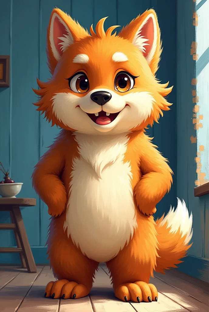 detailed fluffy fur texture, impasto impressionism, (by foxovh, ross tran, michael garmash, pino daeni, iskra), detailed eyes, highly detailed pupils, solo, furry, anthro, rubble-pp, domestic dog, male, bright brown eyes, brown fur, beige body, fur body, fully clothed, detailed fluffy fur texture, curvy, wide hips, inner fluff ears, from front, standing, blue track interior apartment background, day, 1boy, smile, detailed dog penis, cumming