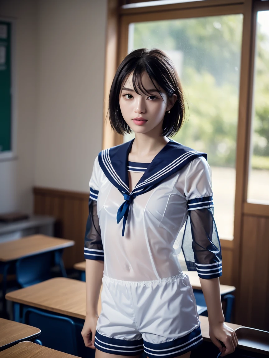 masterpiece:1.2, Very detailed, Ultra-high resolution, Realistic, photo Realistic:1.6, High-resolution RAW color photos, Professional photos, Sharp focus:1.2, Very detailed顔と肌の質感, Very beautiful eyes, Glossのある肌, Glowing Skin, Glowing Skin, Shining Face, Gloss, Oily skin, greasy face, Oily skin, greasy face,, real Glossのある肌 texture, Perfect Anatomy, Very detailed背景,(High school classroom at night),1 female,25-year-old woman, Japanese women,short hair, Straight hair, bangs, Brown Hair,((Flat Chest:1.6)), ,((A very see-through white short-sleeved sailor suit:1.9)),((Wet and sheer sailor suit:1.5)),((Bra covered by sailor uniform:1.5)),Earrings、Smiling faintly、Seeking sex,((Viewer discretion advised 1.8))