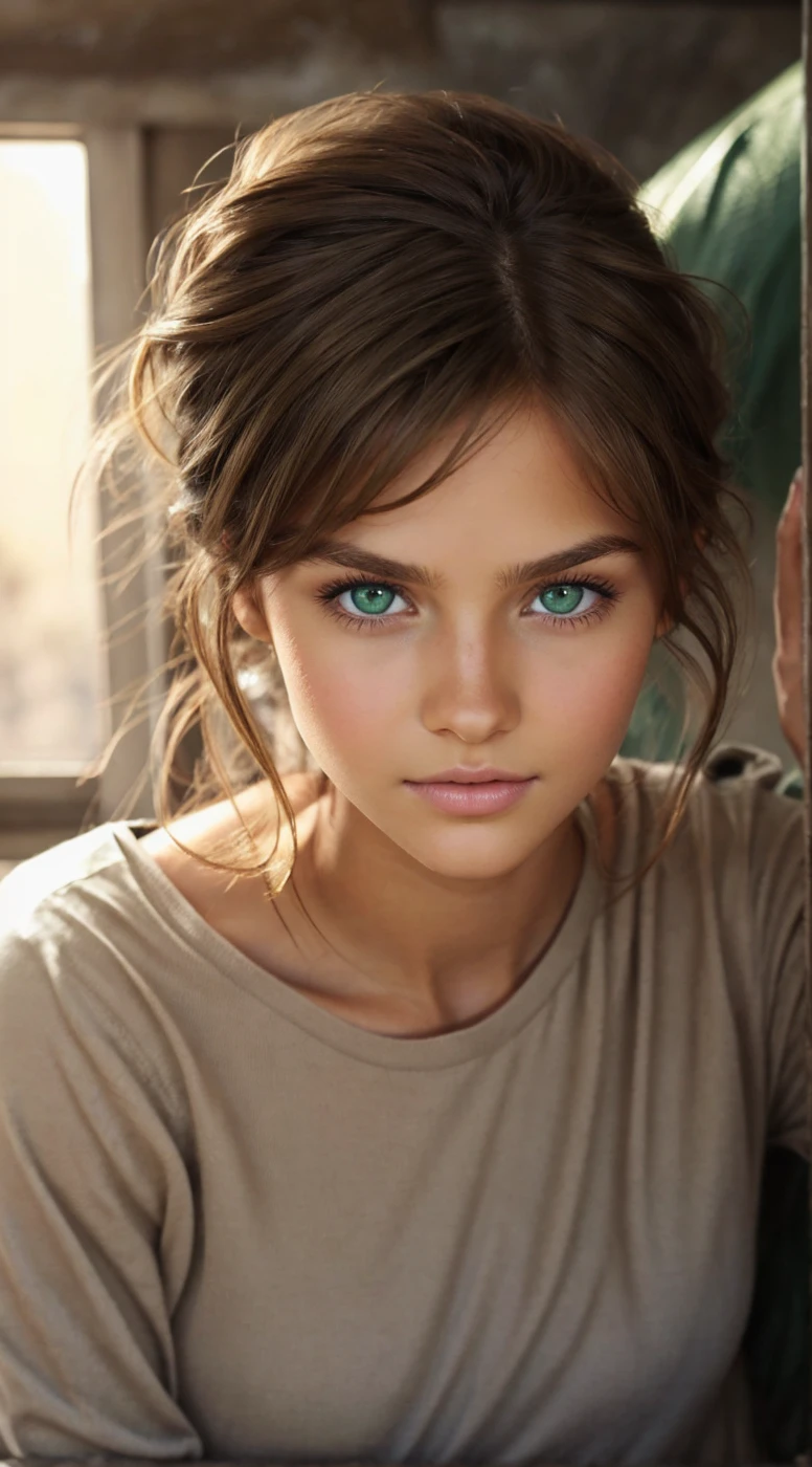 Brown skin, very very light freackles all over the face, olive green eyes, green eyes, forest green eyes, emerald green eyes, brown hair, soft features, soft eyes, messy hair