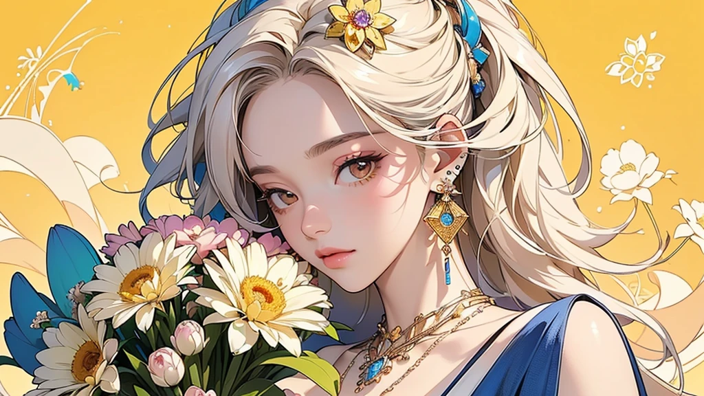 32K, 最高quality, 最高masterpiece, (ultra-Detailed Background, Detailed Background), High resolution, Super detailed, Very detailedな, 1 personの, (bouquet:1.3), (Tangled:1.2), (Geometric:1.2),(colorful),(masterpiece, quality, best quality, Official Art, Beautiful and beautiful:1.2), (1 person:1.3), Very detailed,(colorful:1.1)(Flowers:1.3),Most detailed,(Tangled:1.2), whole body, (Abstract background:1.3), (Skin glows), (Many colors:1.4), ,(Earrings Jewelry:1.5), Pale yellow background, It's imaginative., Milk tea colored hair, Updo,