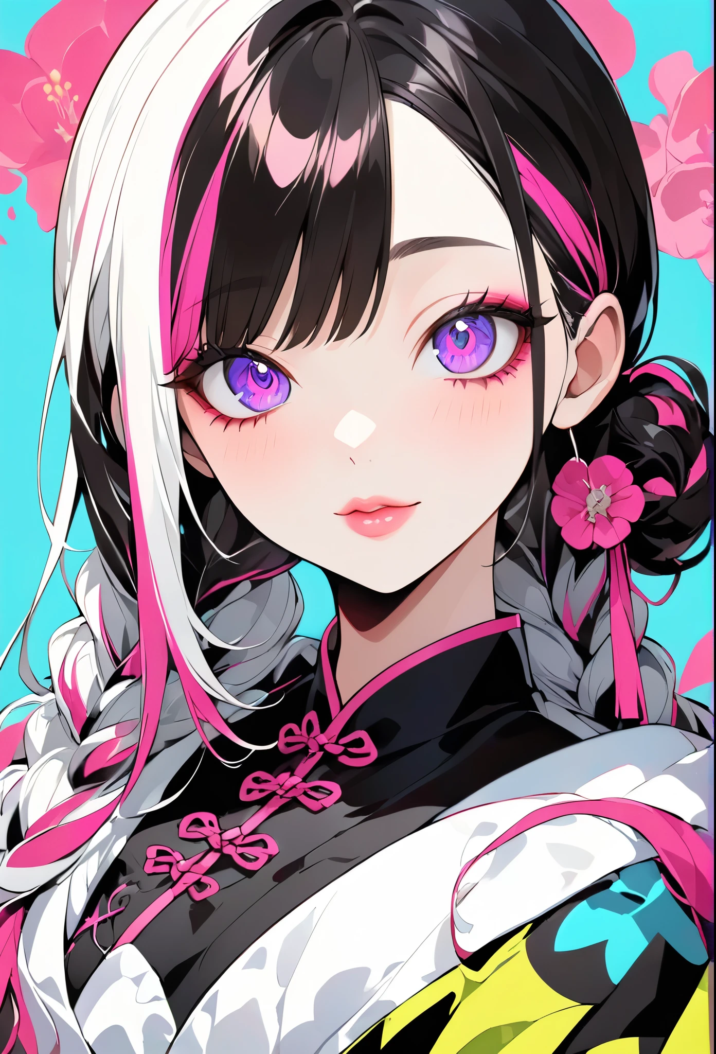 (Highest quality:1.4, City Pop Style, Very detailed, Latest, Vibrant, High Contrast, ),Girl、One person, One personで, ((Face Up Shot:1.4)), Neon colored hair, Braiding, Droopy eyes, Long Hairstyles, pastel colour, China dress, flower, Portraiture, Asymmetrical bangs, Purple eyes, Cute Face. Lips in Love, Stylish design, Pure Light Blue Background.