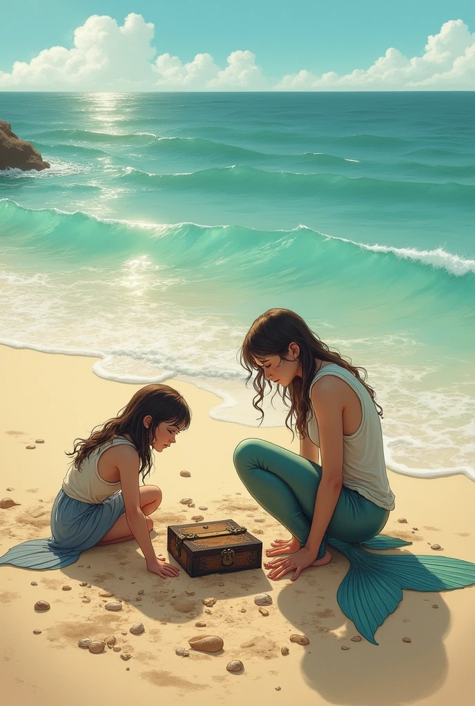 bottom: The beach marked on the map, with the sea and an ancient object in the sand.
Main character: Valeria and the mermaid bent down to pick up the object in the sand.
Additional Details: The object can be a box or an old chest., with details worn by time.