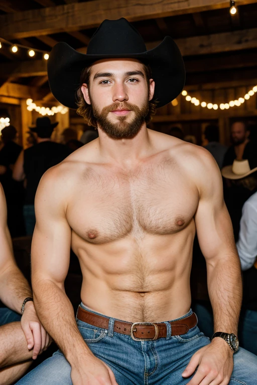 Young cute handsome skinny face white beautiful soft skin shirtless at a cowboy party with handsome bearded man sitting on his dollirra black shirt and hat 