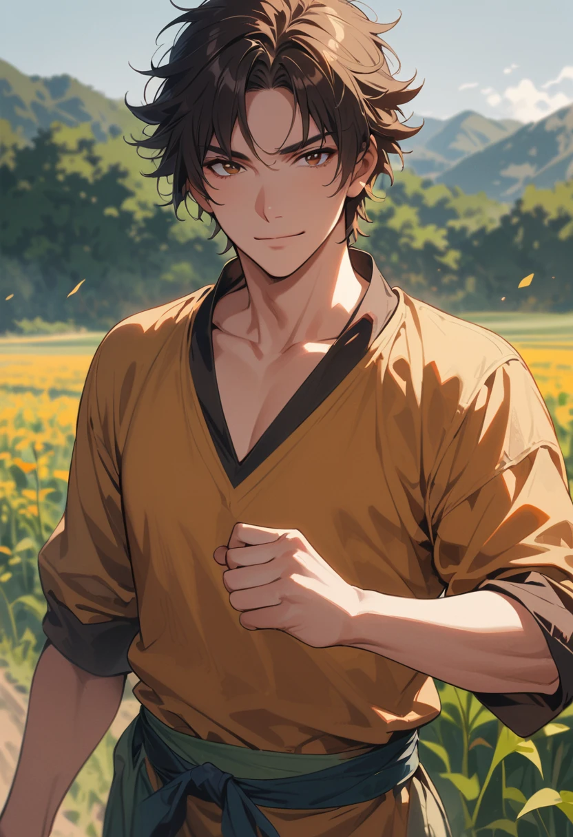 1man, bishonen, adult, male, solo, brown hair (short spiky hair), brown eyes, farmer, brown peasant clothes, waist-up, friendly smile, warm smile, muscular, (background in farm field), cinematic angle, masterpiece, best quality, high resolution, ultra-detailed, scruffy, tall