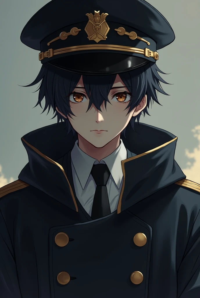 depressed teen captain anime with a black and gold Black Captain Jacket with a white shirt inside and a black tie and gold captain hat the face is covered with shadow and the Black gold Captain's Cloak hanging on the back, black hair and male
