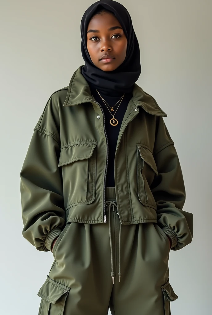 Black muslim girl wearing baggy cargo, tracky sweater, balenciaga shoes, ice chain, short juba, cap 