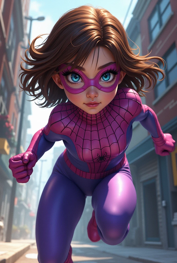 a girl with brown hair and blue eyes. her hair is a tomboy and she has big eyelashes. she has a lilac spiderman outfit, but only with a mask over her eyes, and she is over 20 years old . MARVEL 1980 comics style. .
