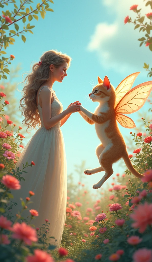 A scene of a beautiful girl touching a cat&#39;foot、Beautiful flower garden、Dancing Cat Fairy、morning、Sky Blue, laugh, Queen and the Cat Fairy