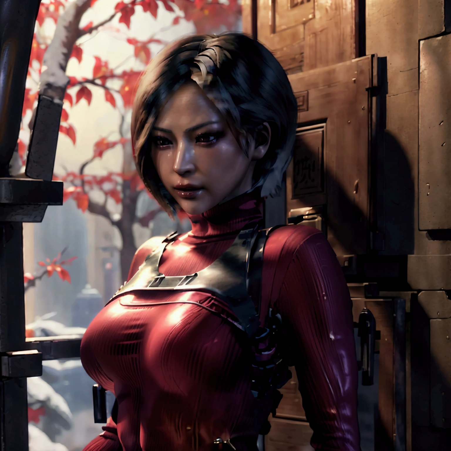A realistic asian woman, sexy and beautiful, perky breasts, re4 ada wong, red short dress, pantyhose