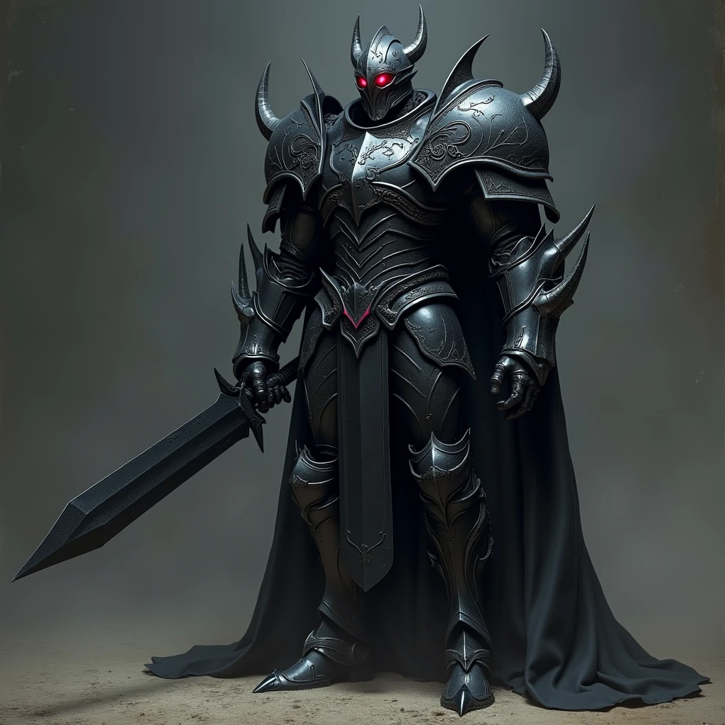 Imagine a towering warrior clad in a full dark armor that covers his entire body. The armor is matte black with dark steel details and ornamental engravings resembling gothic forms like thorns and claws, giving him an intimidating appearance. His helmet has a visor that completely hides his face, revealing only a faint red glow where his eyes should be, as if a sinister light emanates from within.
His shoulders are protected by large, angular pauldrons that jut out menacingly. The chest and abdomen plates are intricately engraved, possibly with ancient runes or symbols of forgotten power. The arm and leg guards are robust, built to withstand any attack, and his boots feature sharp metallic tips that add a lethal touch to his stride.
In his right hand, he holds a massive sword, nearly as tall as he is. The sword is made of polished black steel with a razor-thin edge that seems to cut through the air. The hilt is wrapped in dark leather, and the crossguard is shaped like sharp wings, appearing to protect the weapon from unworthy hands. The blade faintly glows with a dark aura, as if infused with dark energy or ancient magic.
Together, this man in full dark armor and wielding a great sword exudes an aura of power, mystery, and danger, like a warrior from dark legends or a guardian of forbidden secrets.