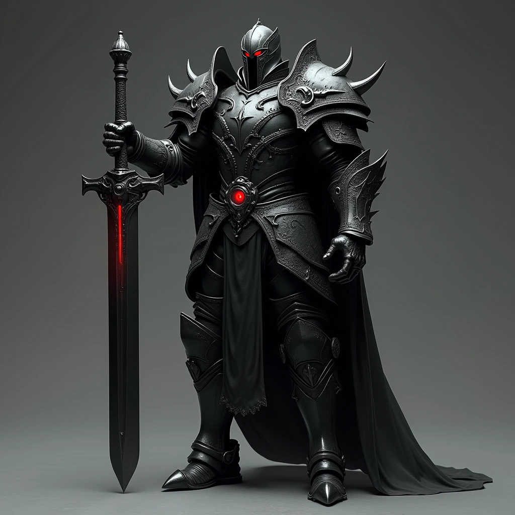 Imagine a towering warrior clad in a full dark armor that covers his entire body. The armor is matte black with dark steel details and ornamental engravings resembling gothic forms like thorns and claws, giving him an intimidating appearance. His helmet has a visor that completely hides his face, revealing only a faint red glow where his eyes should be, as if a sinister light emanates from within.

His shoulders are protected by large, angular pauldrons that jut out menacingly. The chest and abdomen plates are intricately engraved, possibly with ancient runes or symbols of forgotten power. The arm and leg guards are robust, built to withstand any attack, and his boots feature sharp metallic tips that add a lethal touch to his stride.

In his right hand, he holds a massive sword, nearly as tall as he is. The sword is made of polished black steel with a razor-thin edge that seems to cut through the air. The hilt is wrapped in dark leather, and the crossguard is shaped like sharp wings, appearing to protect the weapon from unworthy hands. The blade faintly glows with a dark aura, as if infused with dark energy or ancient magic.

Together, this man in full dark armor and wielding a great sword exudes an aura of power, mystery, and danger, like a warrior from dark legends or a guardian of forbidden secrets.