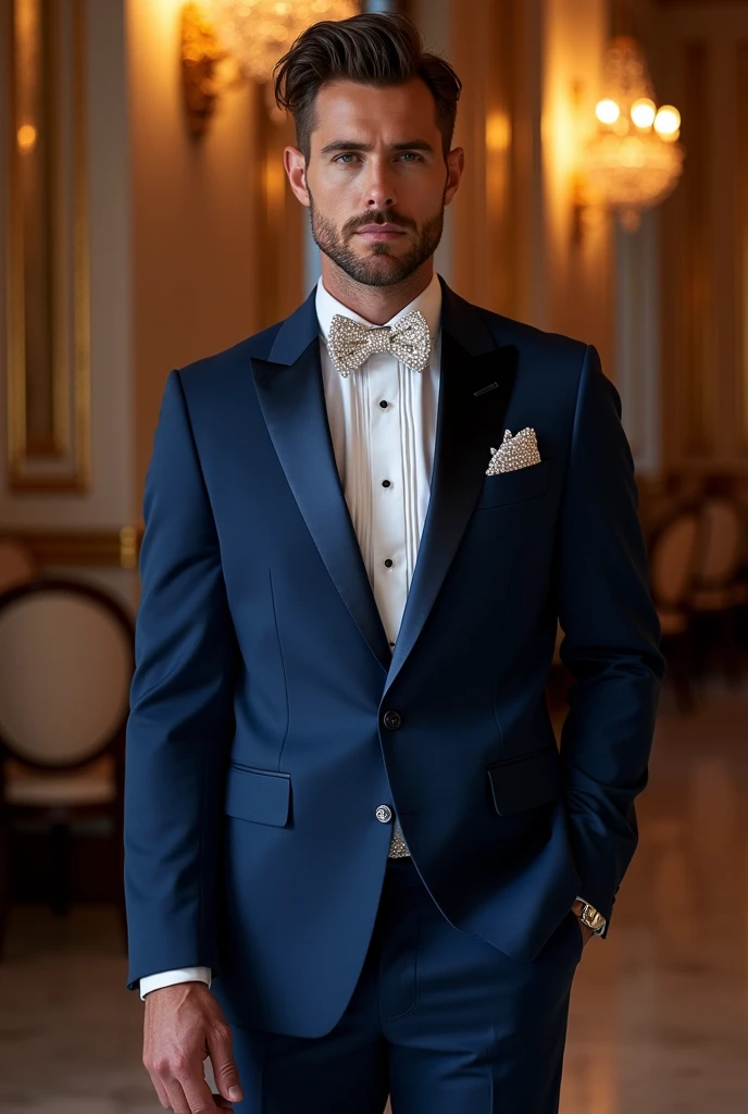 Gay men's blue look for a pearl-themed gala