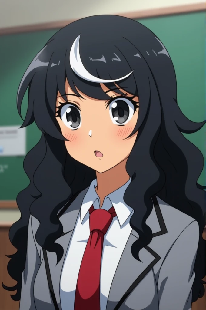 Screenshot Boku no hero academia. young woman. brownish skin. cabello negro ébano con white locks. wavy hair a little curly and long. white locks. black eyes. Black eyeliner under the eyes. he would be. wear uniform, red tie and grey jacket. Classroom background.