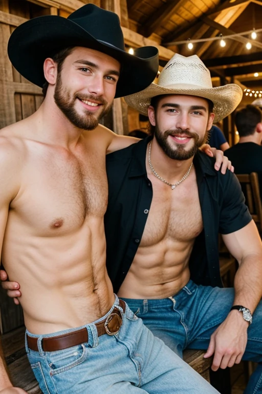 Young cute and handsome skinny white face beautiful soft skin shirtless at a cowboy party with two handsome bearded man sitting on his dollirra black shirt and hat