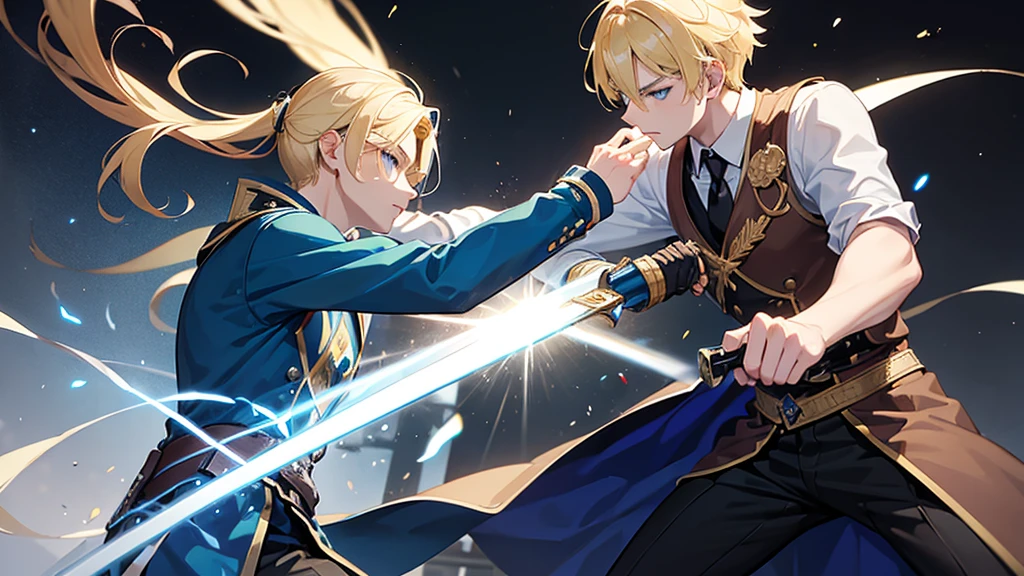 a young man with blonde hair and blue eyes fighting using sword. with his partner a young man with dark hair using gun. they using casual clothes