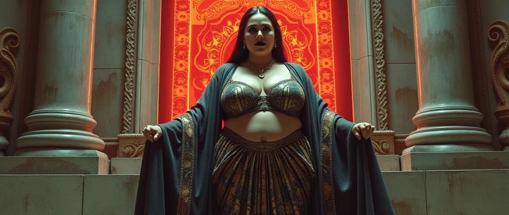 Majestic atmosphere,indian astrology,Looks like Aparna Dixit, full body Closeup shot, Big chubby aunty, milf, cougar lady witch, horny Gothic milf,  50 years old gorgeous mature lady, pervert demoness, demoness of lust, curvy, black lips, horny face, extremely gorgeous, thick figure, heavy physique, voluptuous, curvy, sexy figure, Fashionable portrait of androgynous alien looking witch wearing veil, glowing eyes, futuristic design, minimal details, givenchy, photoreal, 200mm, hd, f/ 2.0, highly detailed, surreal, sexy beautiful evil woman, sexy bold sequin Saree with strapless Bra, chudail, Pishachini, horror genre, blood-thirsty enchantress, powerful female spirit, eerie, drop dead, in the style of red and blue, (intricate details, hyperdetailed:1.15) (skin texture:1.2), dark Moody tone, cinematic lighting, haunted place in background, Fortune telling hall