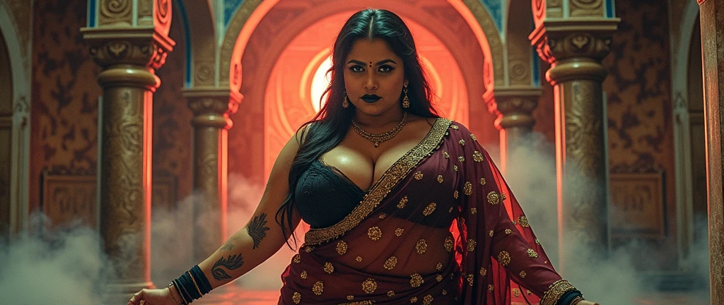 indian astrology,Looks like Aparna Dixit, full body Closeup shot, Big chubby aunty, milf, cougar lady witch, horny Gothic milf, 50 years old gorgeous mature lady, pervert demoness, demoness of lust, curvy, black lips, horny face, extremely gorgeous, thick figure, heavy physique, voluptuous, curvy, sexy figure, Fashionable portrait of androgynous alien looking witch wearing veil, glowing eyes, futuristic design, minimal details, givenchy, photoreal, 200mm, hd, f/ 2.0, highly detailed, surreal, sexy beautiful evil woman, sexy bold sequin Saree with strapless Bra, chudail, Pishachini, horror genre, blood-thirsty enchantress, powerful female spirit, eerie, drop dead, in the style of red and blue, (intricate details, hyperdetailed:1.15) (skin texture:1.2), dark Moody tone, cinematic lighting, haunted place in background, Fortune telling hall