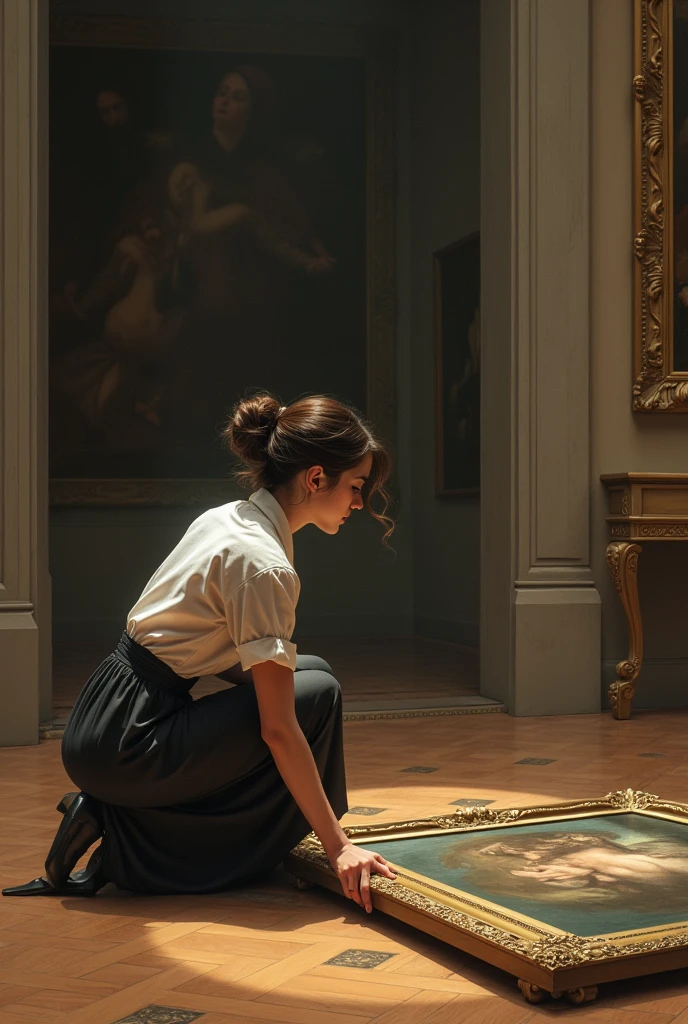 Woman in museum looking at a fallen painting on the floor and picking it up