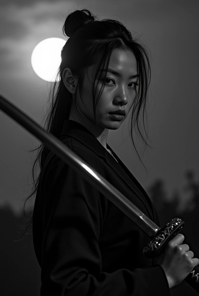 Black and White Japanese sword Beauty Gal Moonlit Night photograph Functional