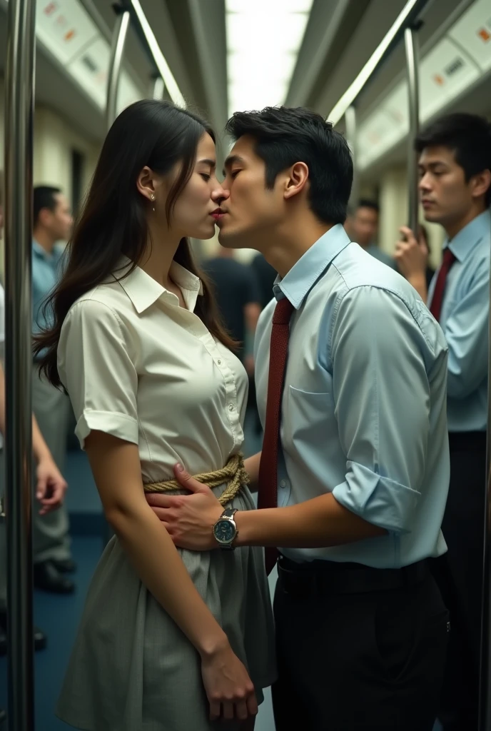 (molestation: 1.5), 1 girl, (full body shot), 1 man, (((office lady being molested: 1.5))), (very beautiful), (beautiful face: 1.5), girl has her hands tied behind her back, girl is crying, (office lady uniform: 1.2), (in a crowded Japanese train: 1.5), man forcefully kisses her, (man takes off her skirt: 1.5), (man holds her breasts: 1.5), (in SFW: 1.1), (((pussy visible through shirt))), (moans of pain: 1.3), (ecstasy: 1.5), rope bondage, slave
