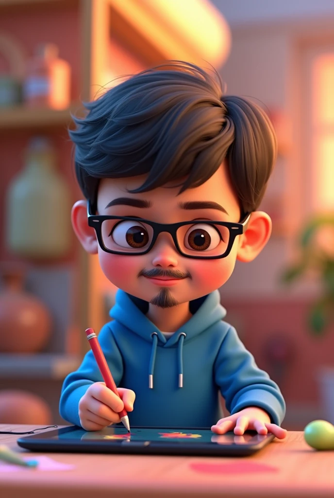 young boy animation in 3d pixar style with square oakley glasses, goatee on chin, thin mustache, light skin, short dark brown hair, using a graphics tablet and blue clothes